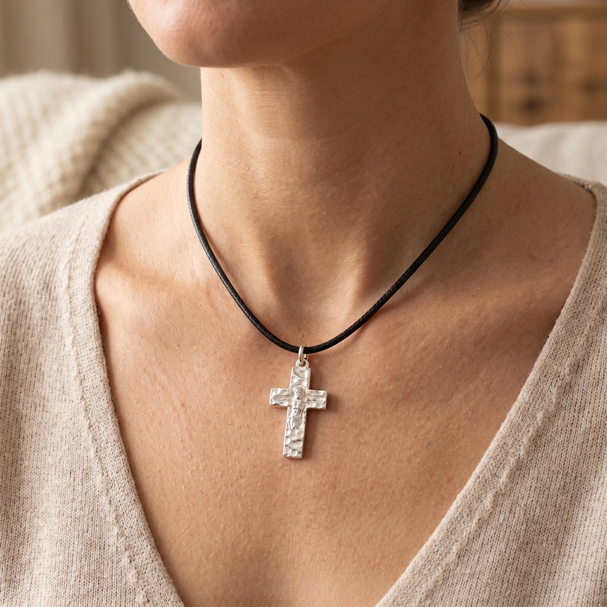 Rock of Ages Sunken Crucifix, Heavy Hammered 925 Sterling Silver Faith Necklace
