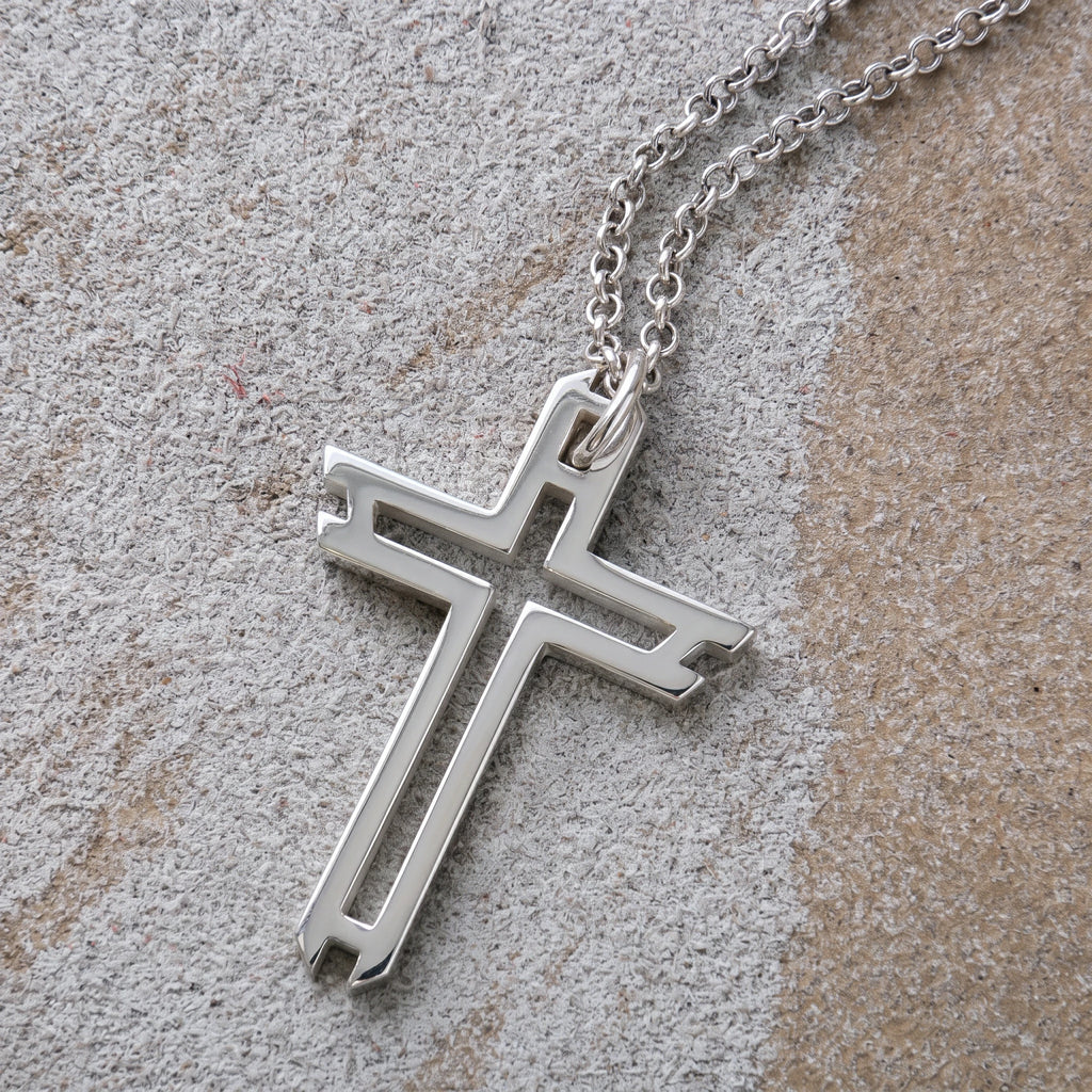 Sacred Path Hollow Cross Pendant, Oxidized 925 Sterling Silver Vintage Faith Amulet Necklace