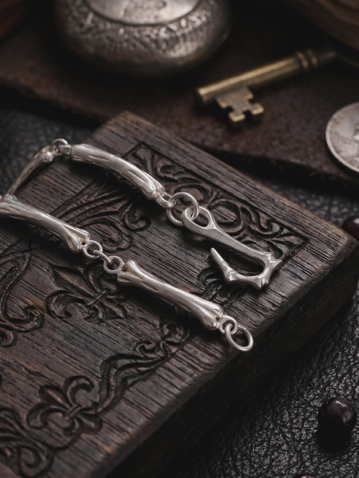 925 Sterling Silver Skeleton Bone Link Bracelet, Dark Mythic Bone Hook Clasp Minimalist Wristband