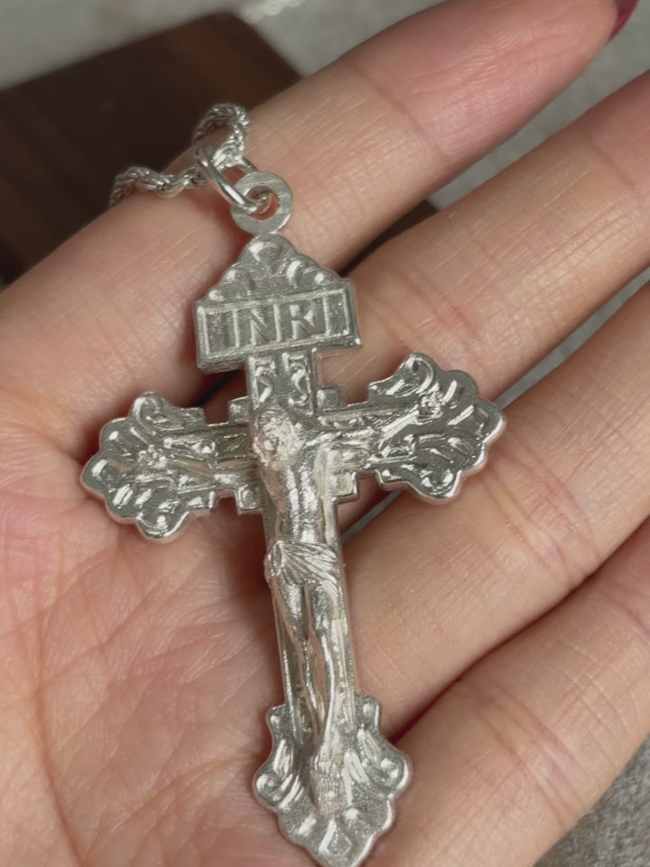 Divine Redemption INRI Crucifix, Solid 925 Sterling Silver Baroque Faith Necklace