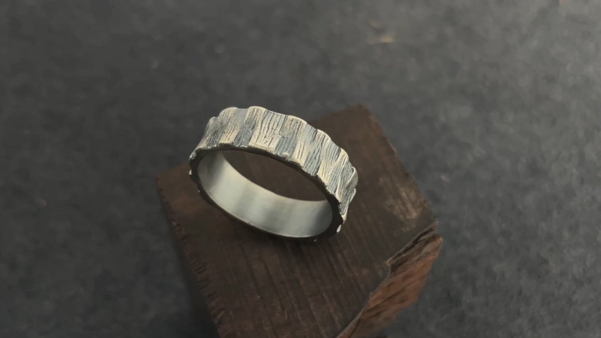Custom Engraved Bark Textured 925 Sterling Silver Ring for Men