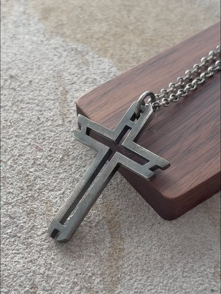 Sacred Path Hollow Cross Pendant, Oxidized 925 Sterling Silver Vintage Faith Amulet Necklace