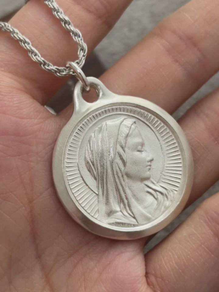 925 Sterling Silver Virgin Mary Medal Pendant, Vintage Religious Madonna Necklace