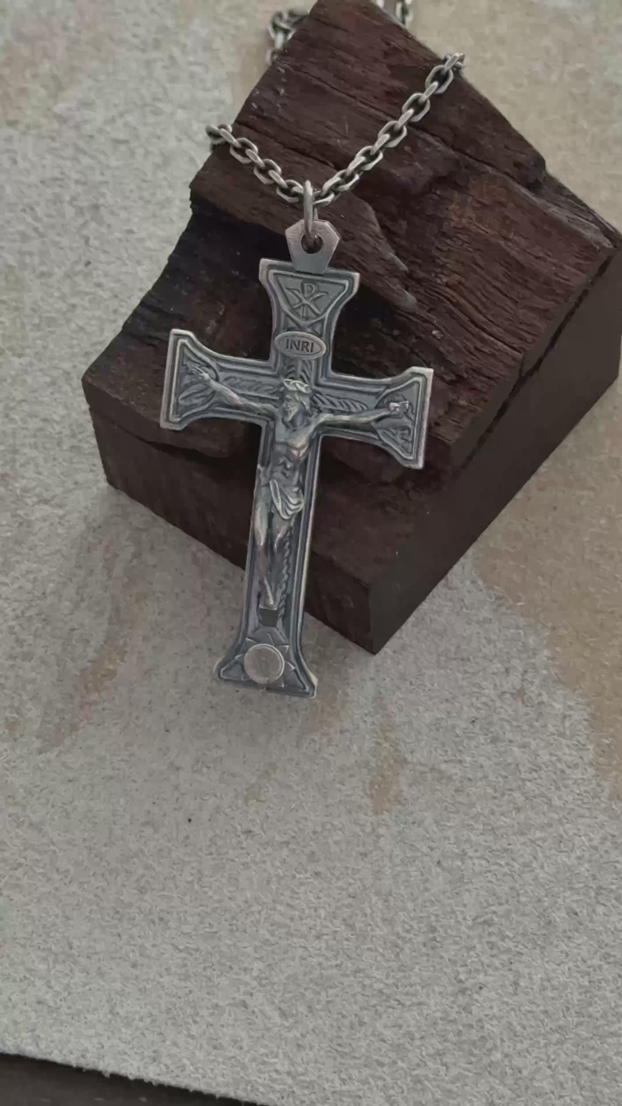 Sacred Chi-Rho Crucifix Pendant, Engravable 925 Sterling Silver Holy Christ Faith Cross