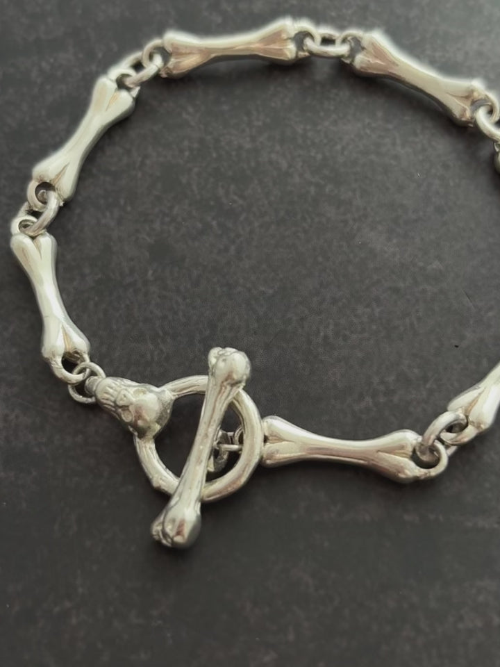 Gothic Anatomy Bone Link Bracelet, 925 Sterling Silver Skeleton Skull Toggle Clasp Wristband for Men and Women