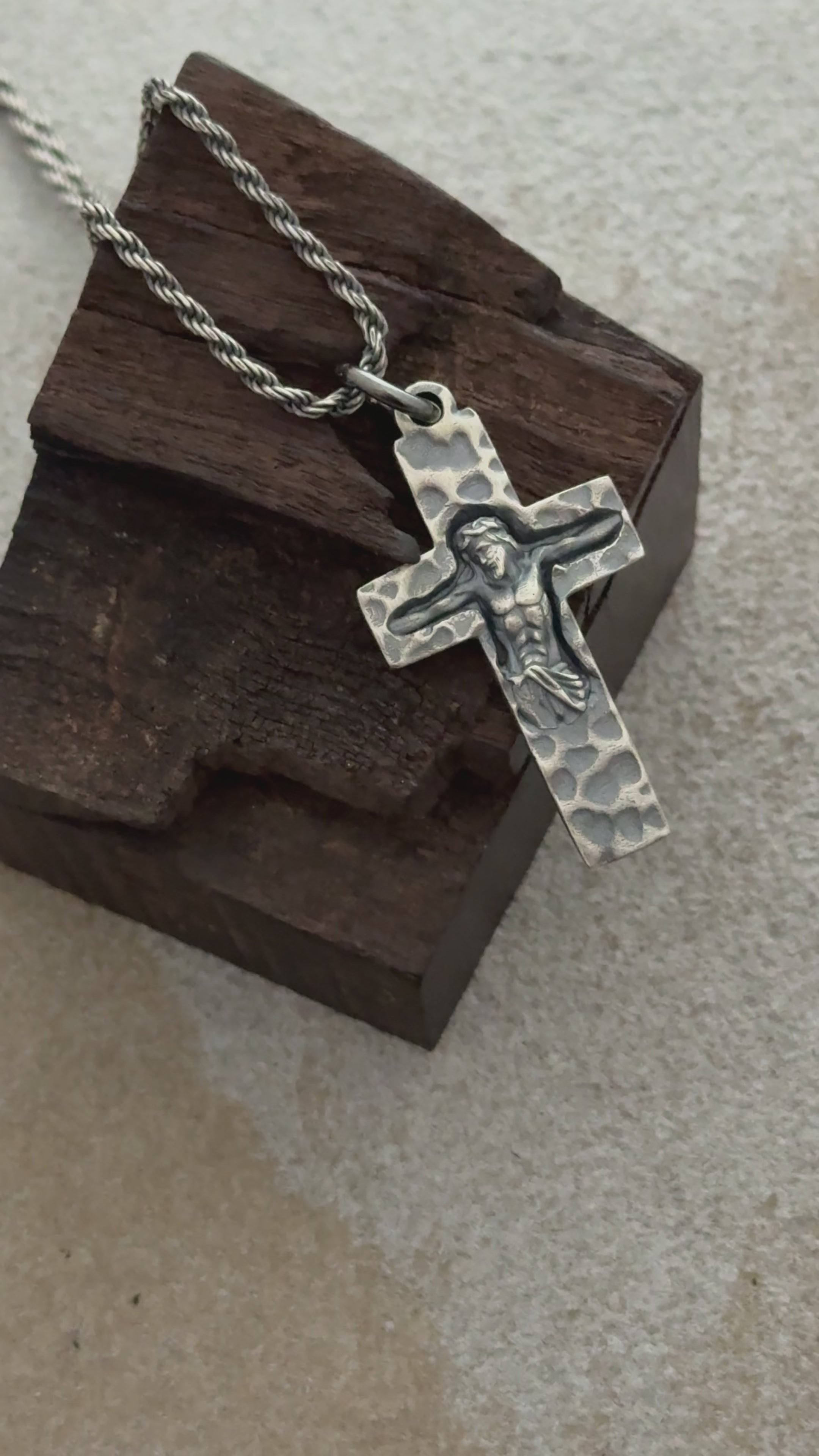 Rock of Ages Sunken Crucifix, Heavy Hammered 925 Sterling Silver Faith Necklace
