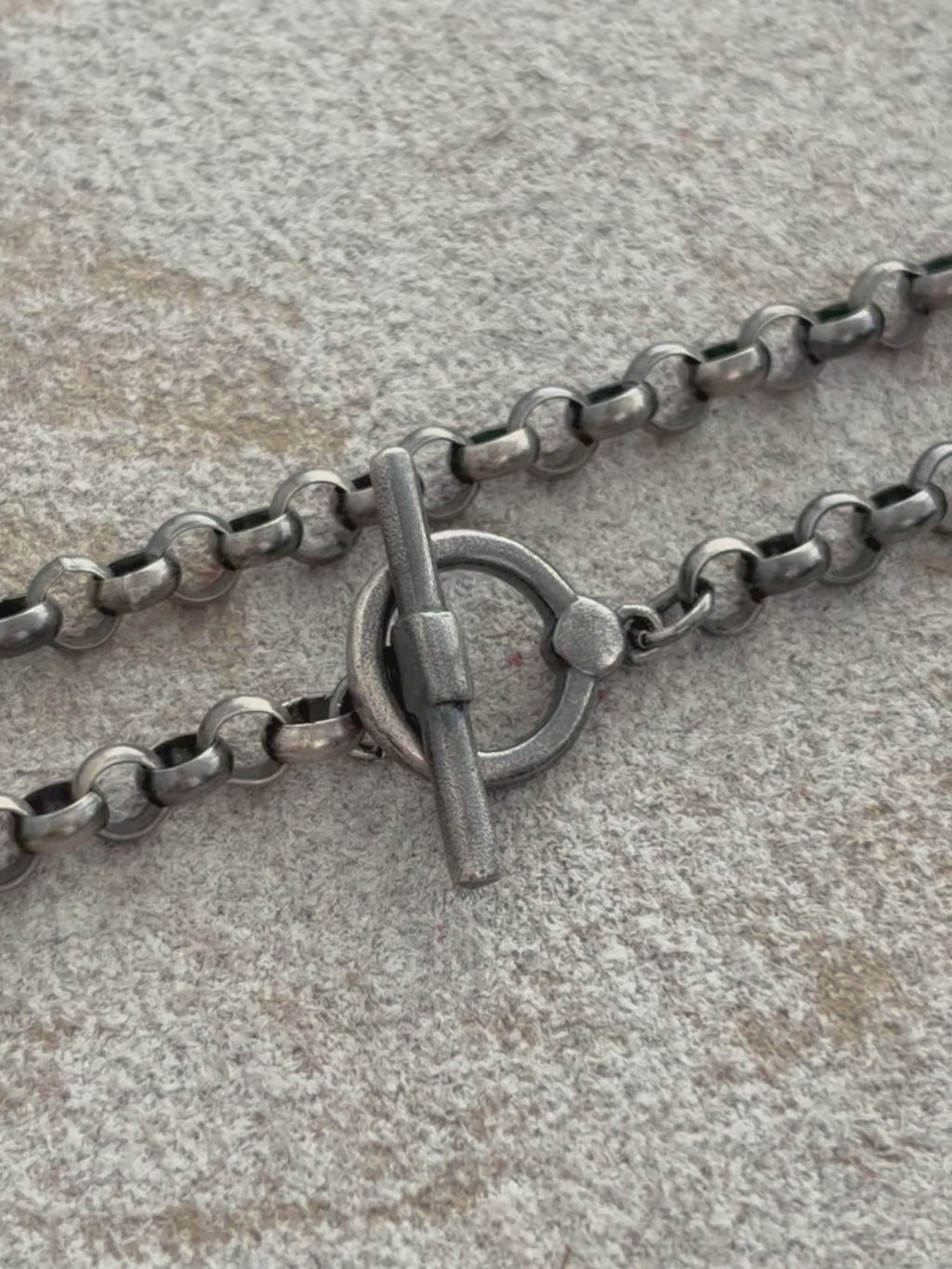 Modern Industrial Rolo Chain Bracelet, Oxidized 925 Sterling Silver Vintage Statement Wristband with Toggle Clasp