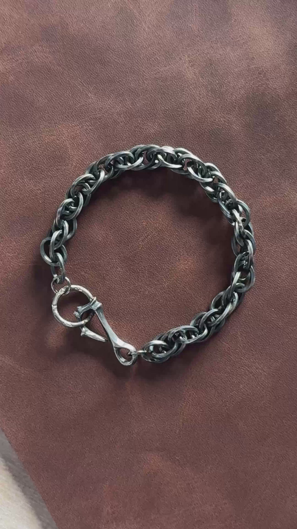 Rustic 925 Sterling Silver Heavy Loop Chain Bracelet with Artisan Bone Clasp