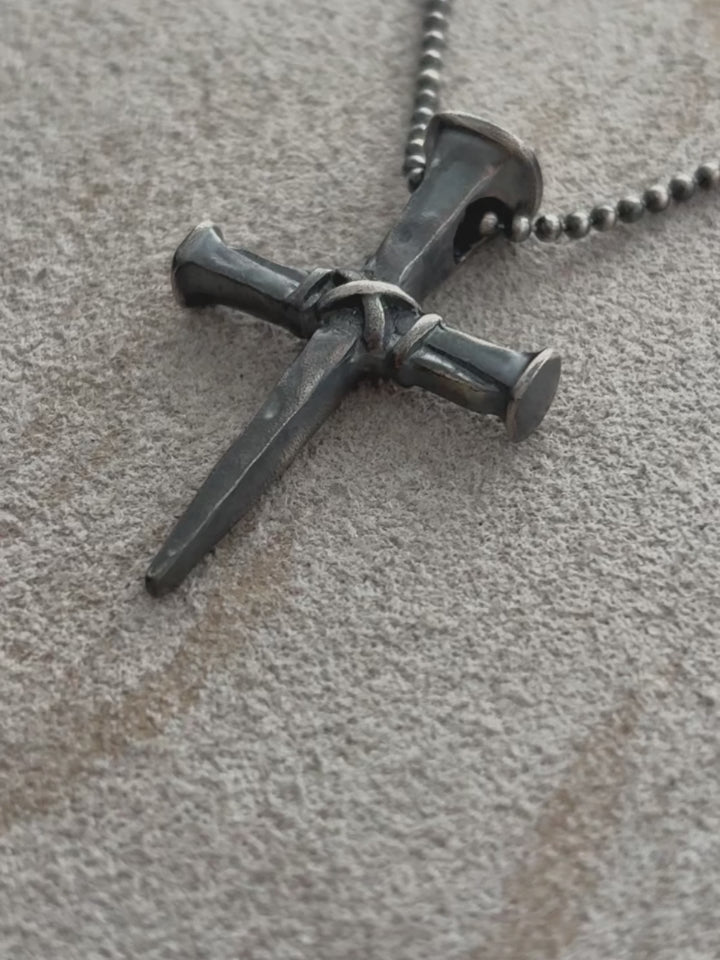 Sacred Grace Crucifixion Nails Cross Necklace, Oxidized 925 Sterling Silver Devotional Faith Pendant