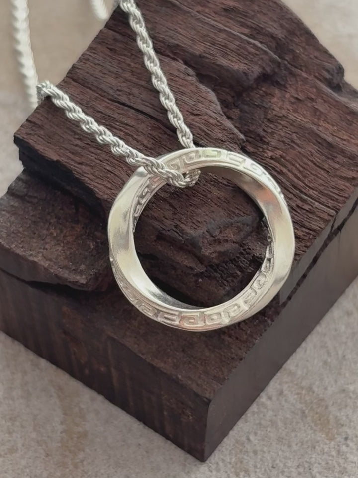 925 Sterling Silver Mobius Ring Pendant Necklace, Vintage Greek Key Eternity Jewelry