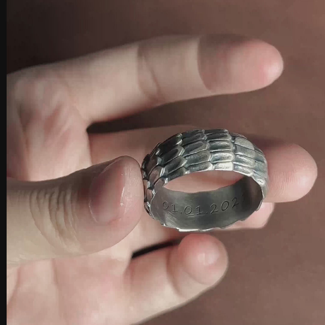 Men's Dragon Scale Ring, Personalized 925 Sterling Silver Band for Men, Custom Engraved Armor Promise Ring Gift