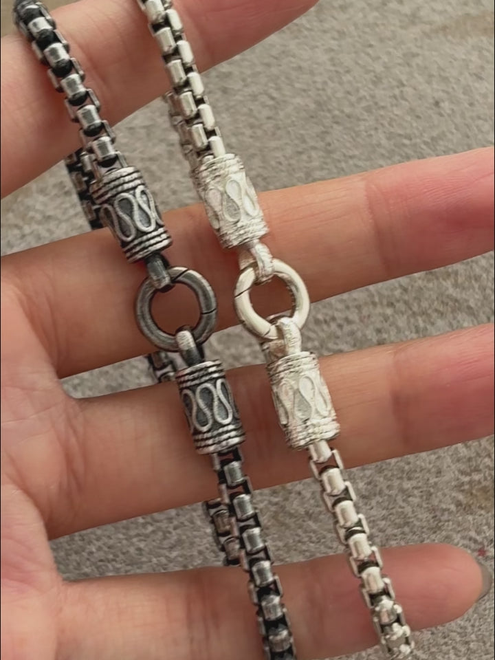 Balinese Totem Box Chain Bracelet, Premium 925 Sterling Silver Ornate End Cap Wristband