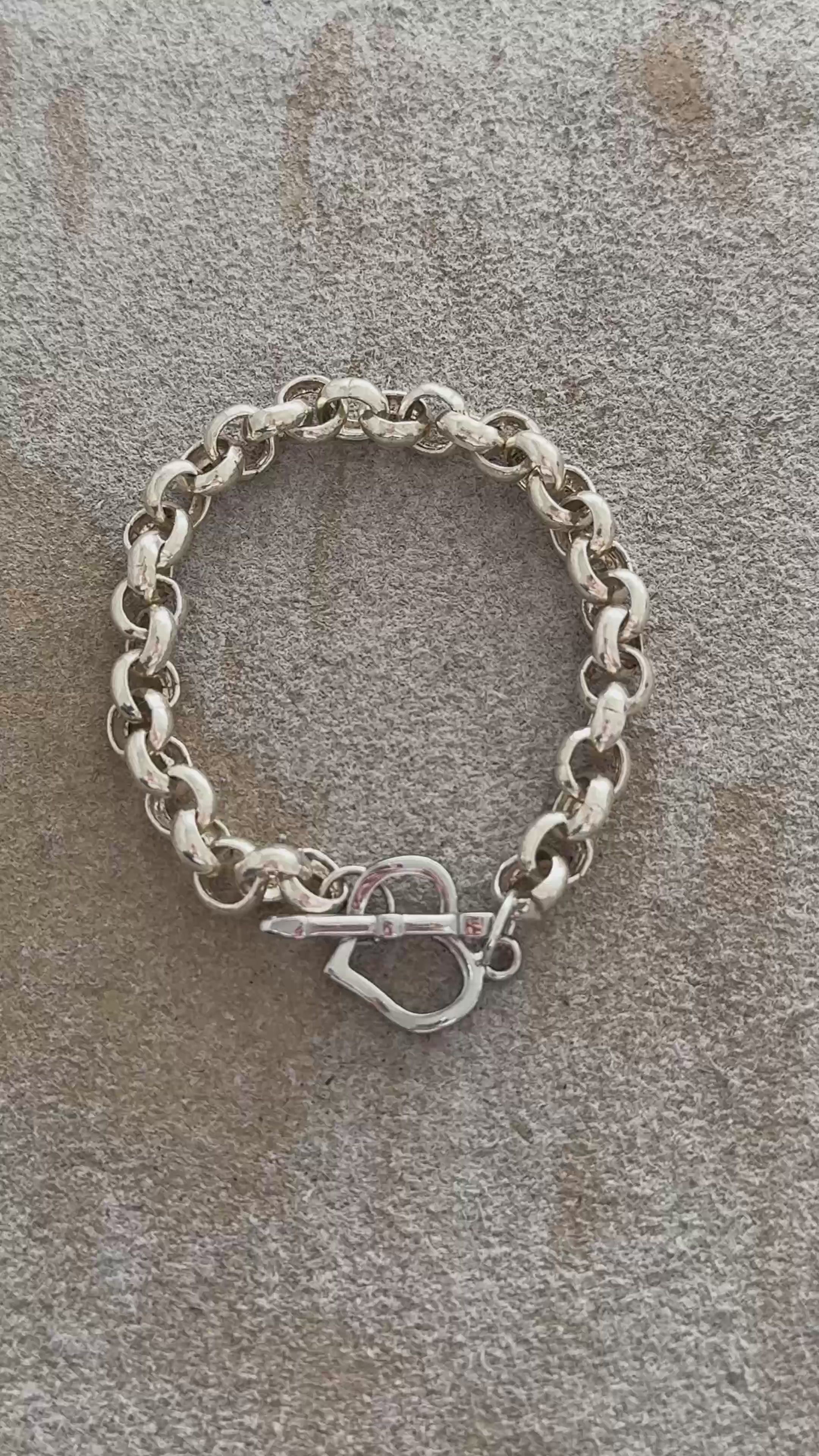 925 Sterling Silver Cupid's Arrow Heart Toggle Clasp Rolo Chain Bracelet