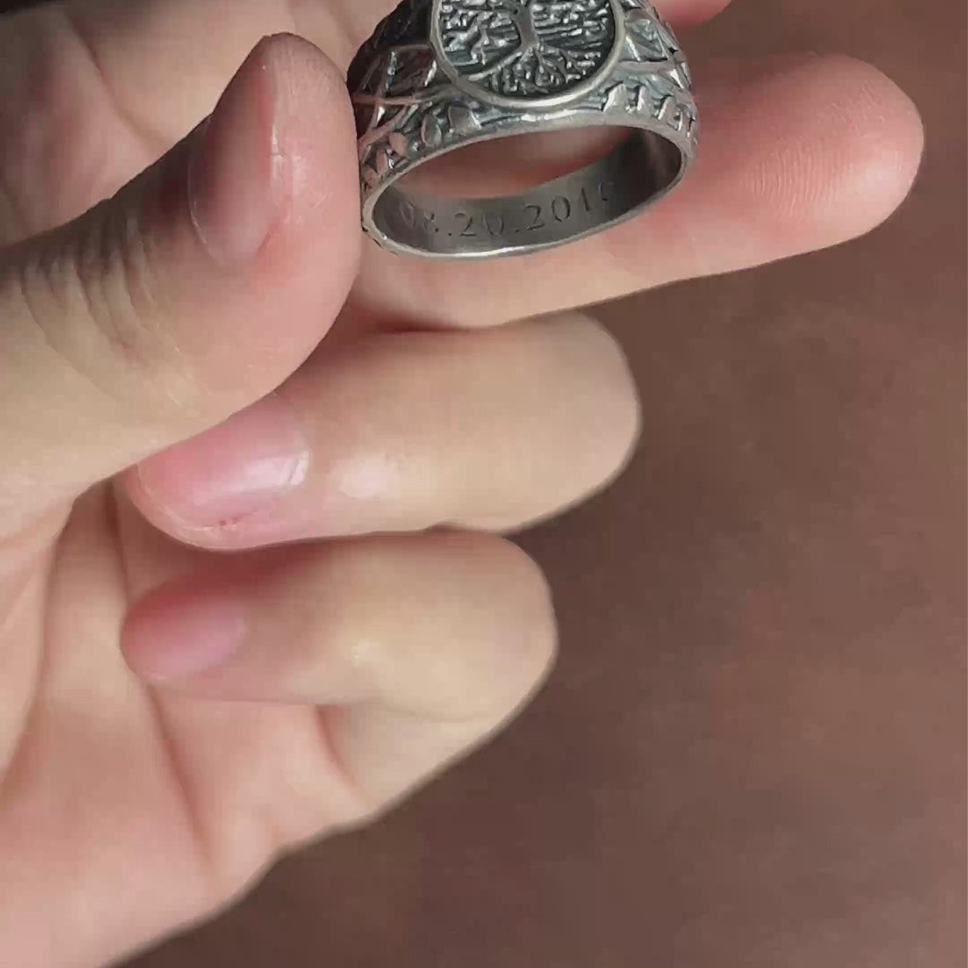 Men’s Personalized 925 Sterling Silver Tree of Life Ring, Celtic Family Tree Signet Band