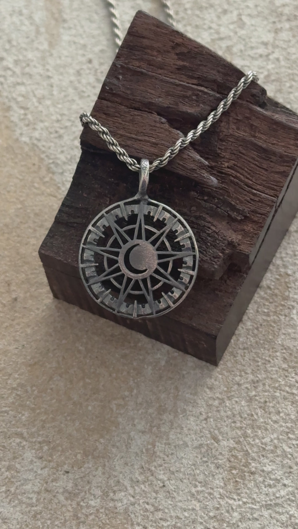 925 Sterling Silver Sun and Moon Pendant Necklace, Celestial Compass Astrolabe Jewelry