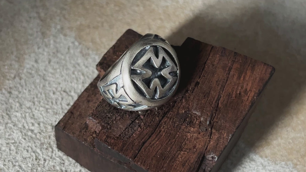 Vintage Oxidized Iron Cross Signet Ring, Custom Inner Engraving Men’s Biker Tough Jewelry