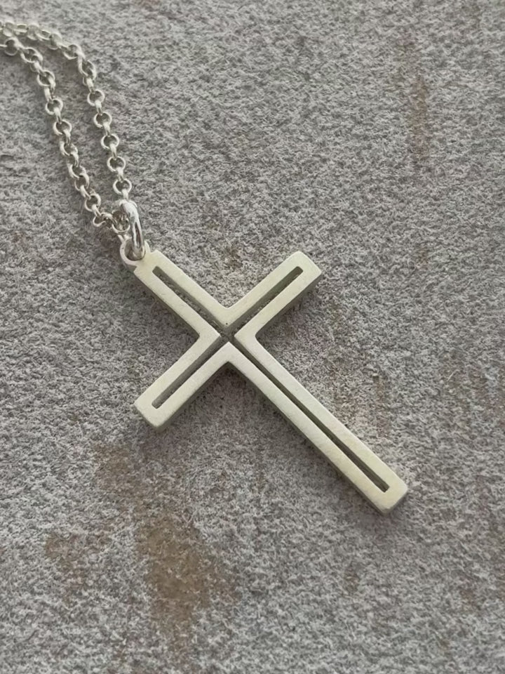 Sacred Light Hollow Cross Pendant, Solid 925 Sterling Silver Faith Alignment Necklace