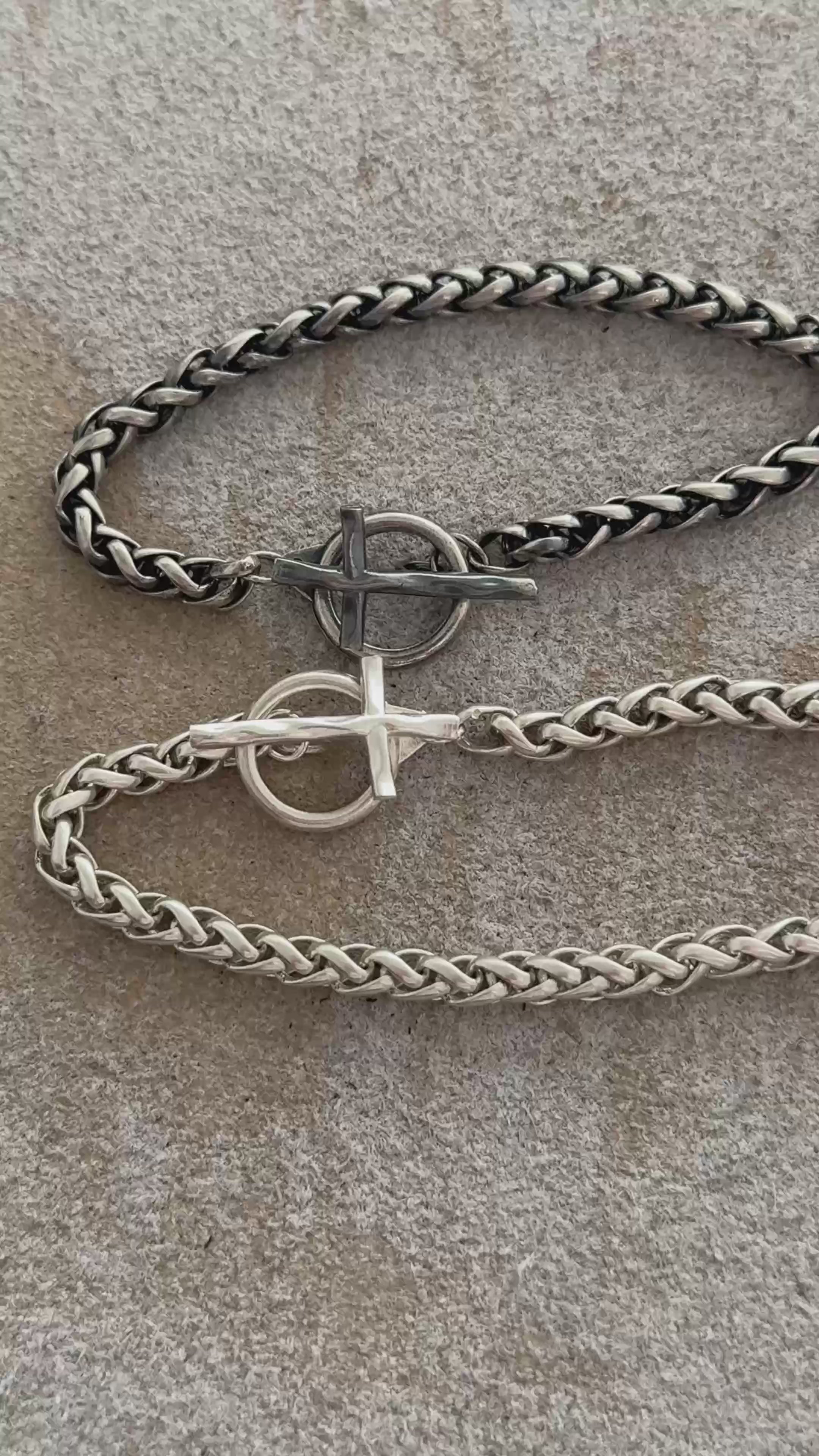 925 Sterling Silver Holy Cross Toggle Clasp Chopin Chain Faith Bracelet