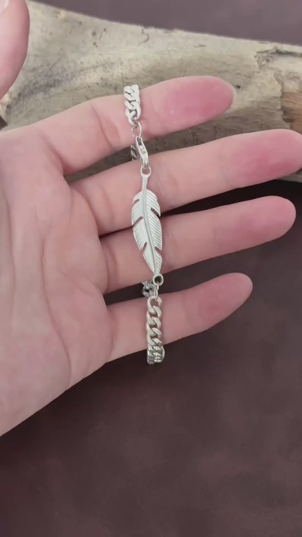 925 Sterling Silver Feather Curb Chain Bracelet With Custom Engravable Clasp Back