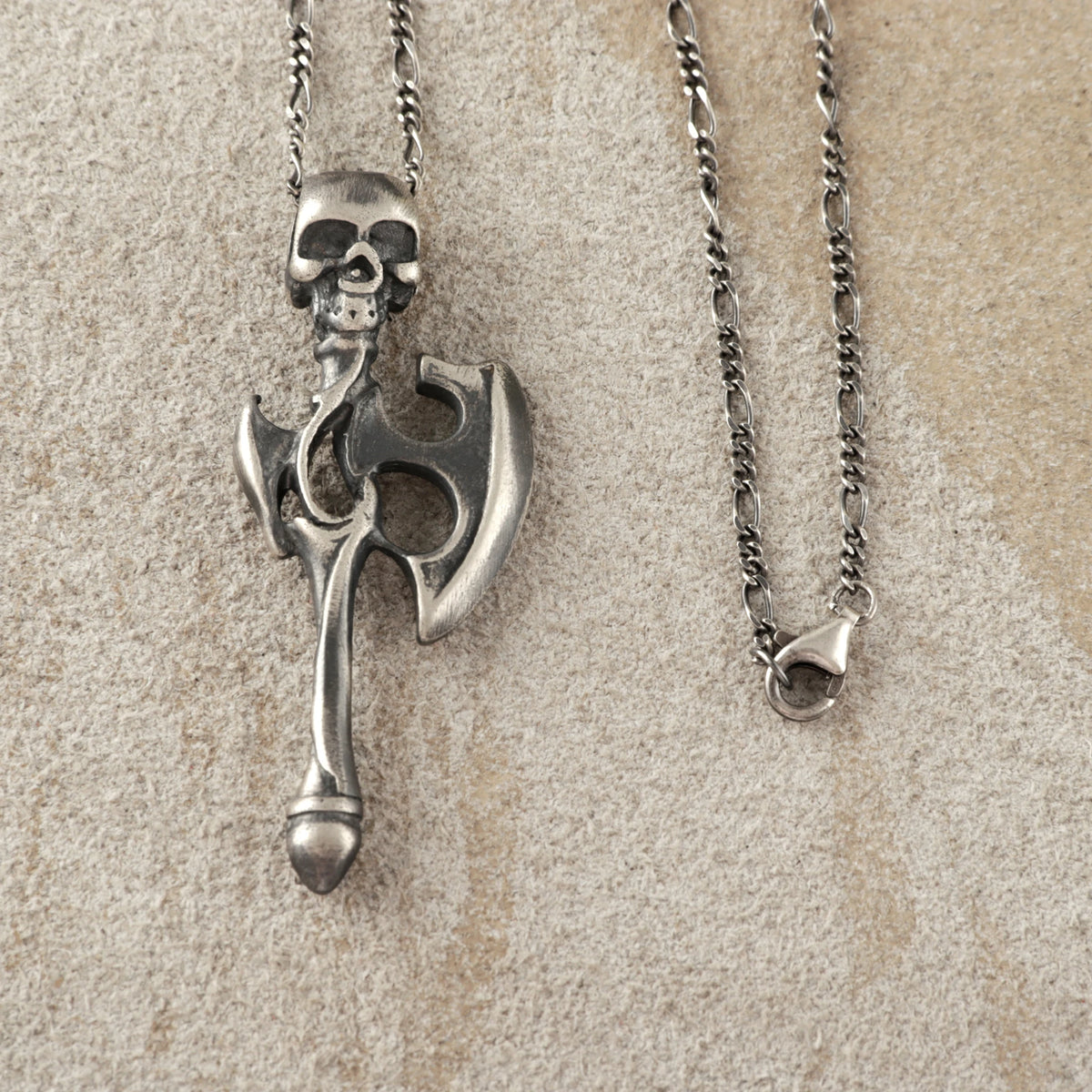 925 Sterling Silver Gothic Skull Battle Axe Durable Viking Warrior Pendant
