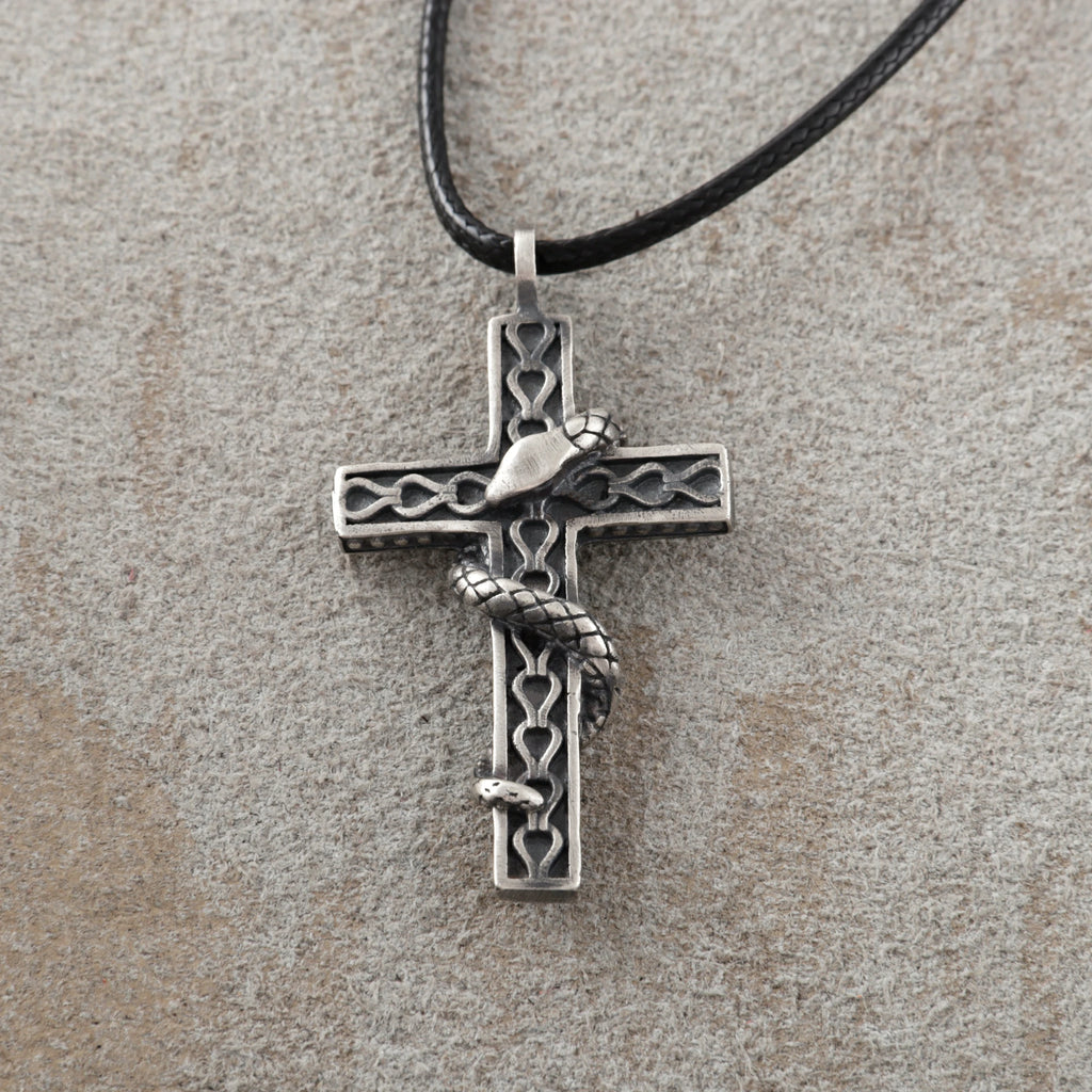 925 Sterling Silver Holy Snake Cross Durable Spiritual Faith Pendant Necklace