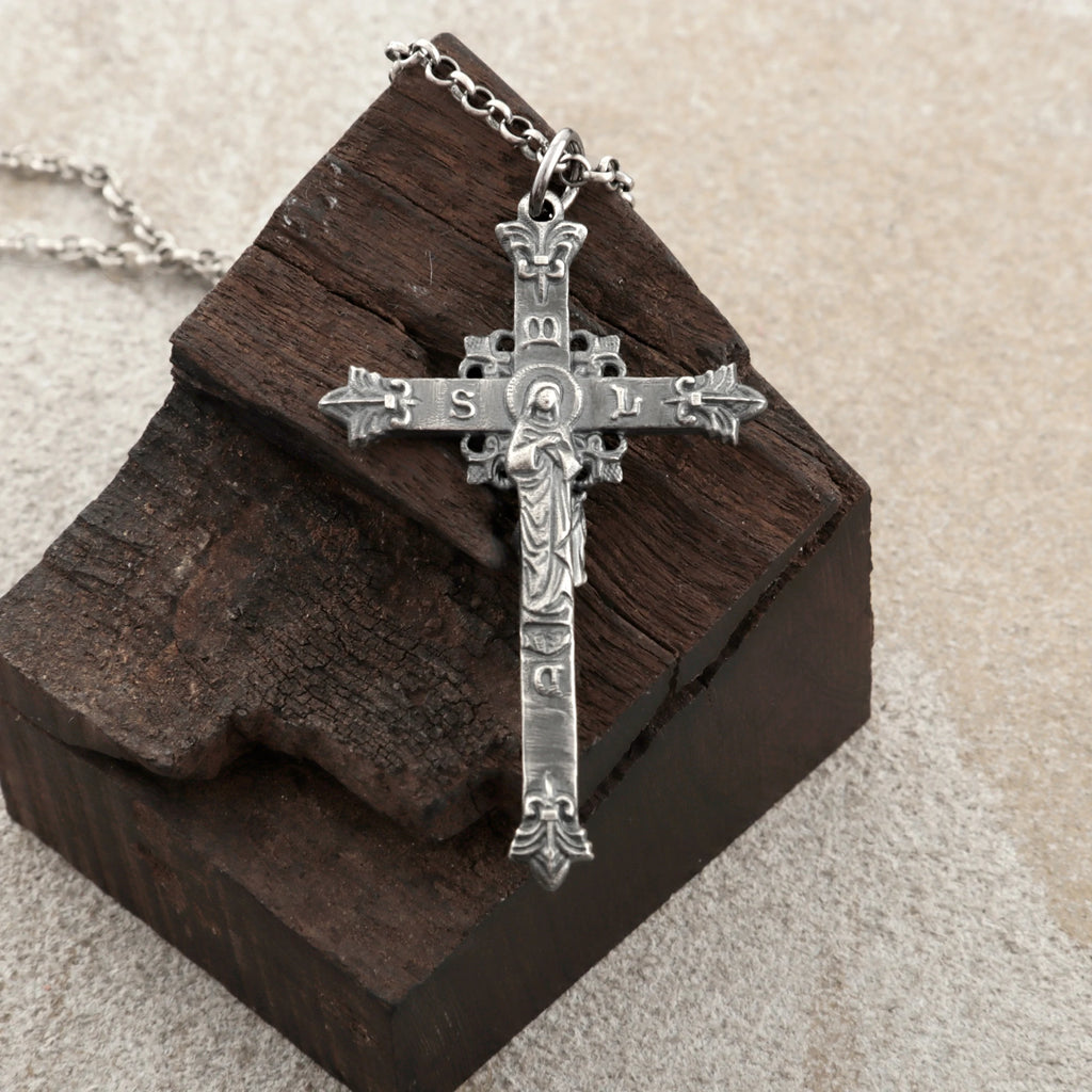 Sacred Double-Sided Crucifix Pendant, Solid 925 Sterling Silver Holy Mary Faith Cross