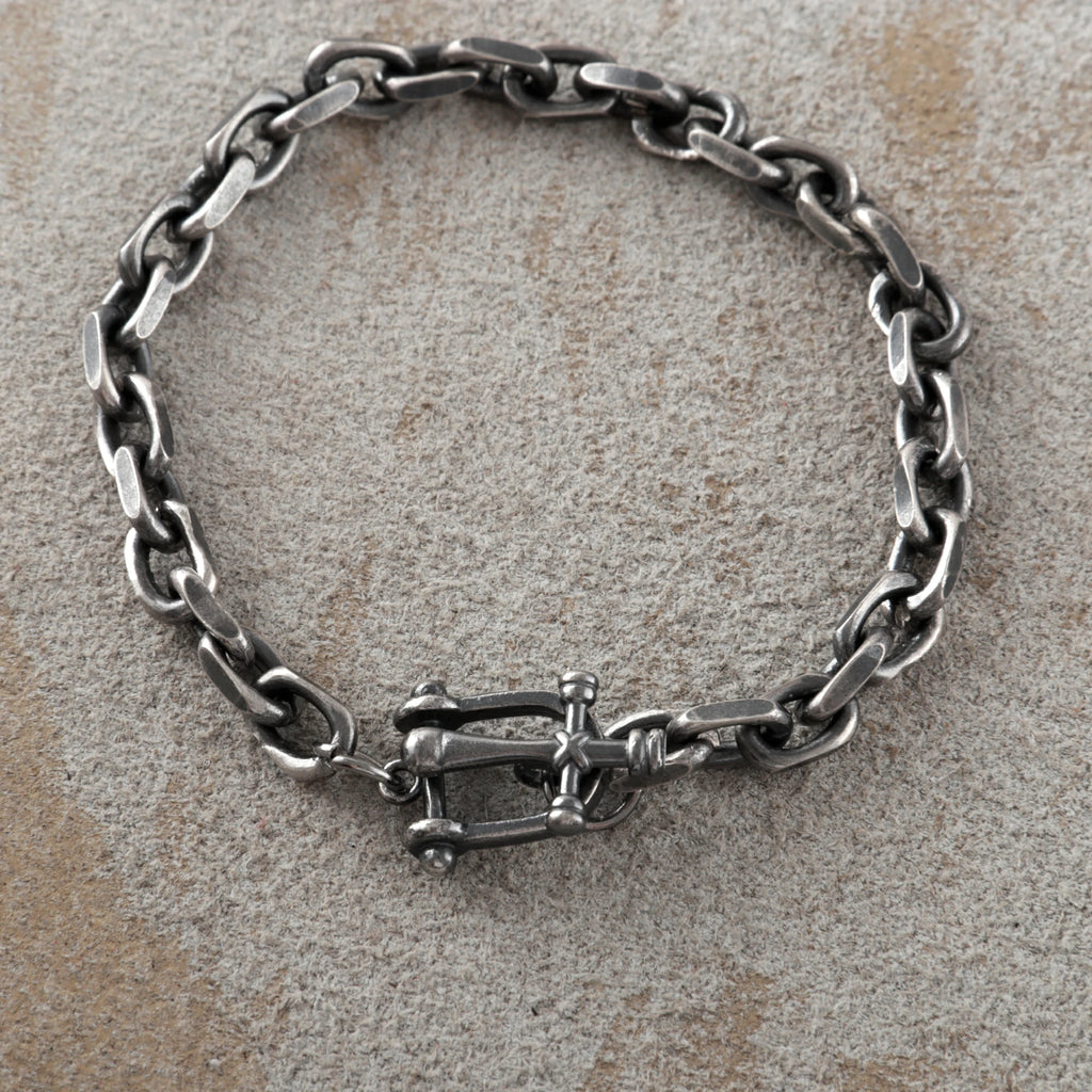 925 Sterling Silver Horseshoe Shackle Crucifix Bar Durable Link Chain Bracelet
