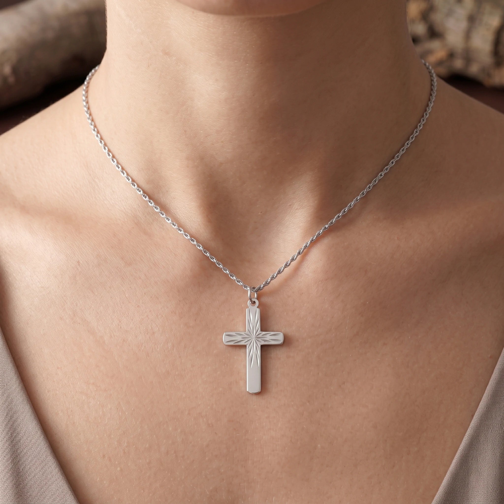 925 Sterling Silver Sunburst Cross Durable Custom Engravable Pendant Necklace