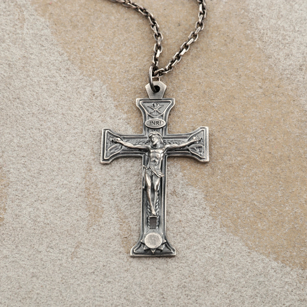 Sacred Chi-Rho Crucifix Pendant, Engravable 925 Sterling Silver Holy Christ Faith Cross