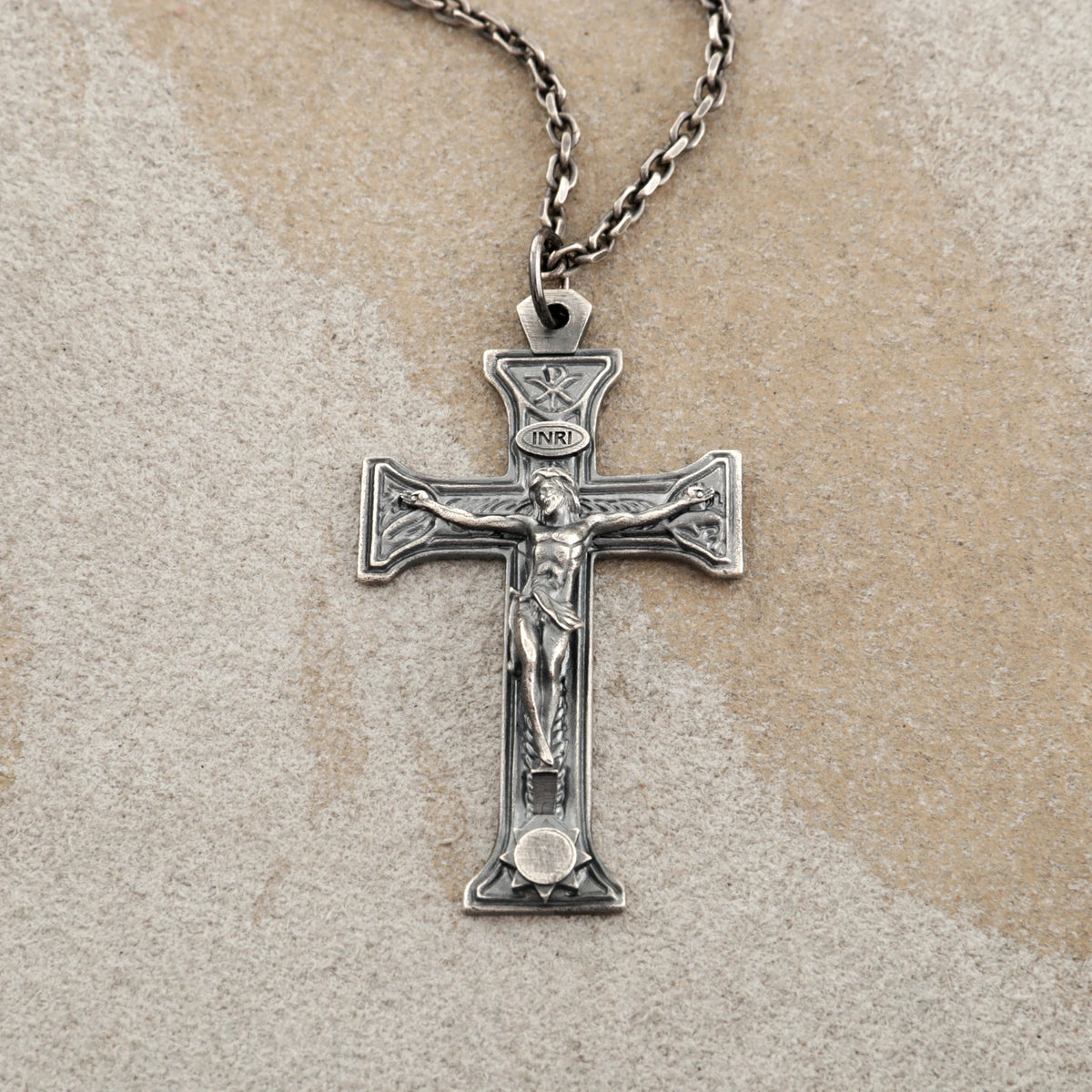 Sacred Chi-Rho Crucifix Pendant, Engravable 925 Sterling Silver Holy Christ Faith Cross