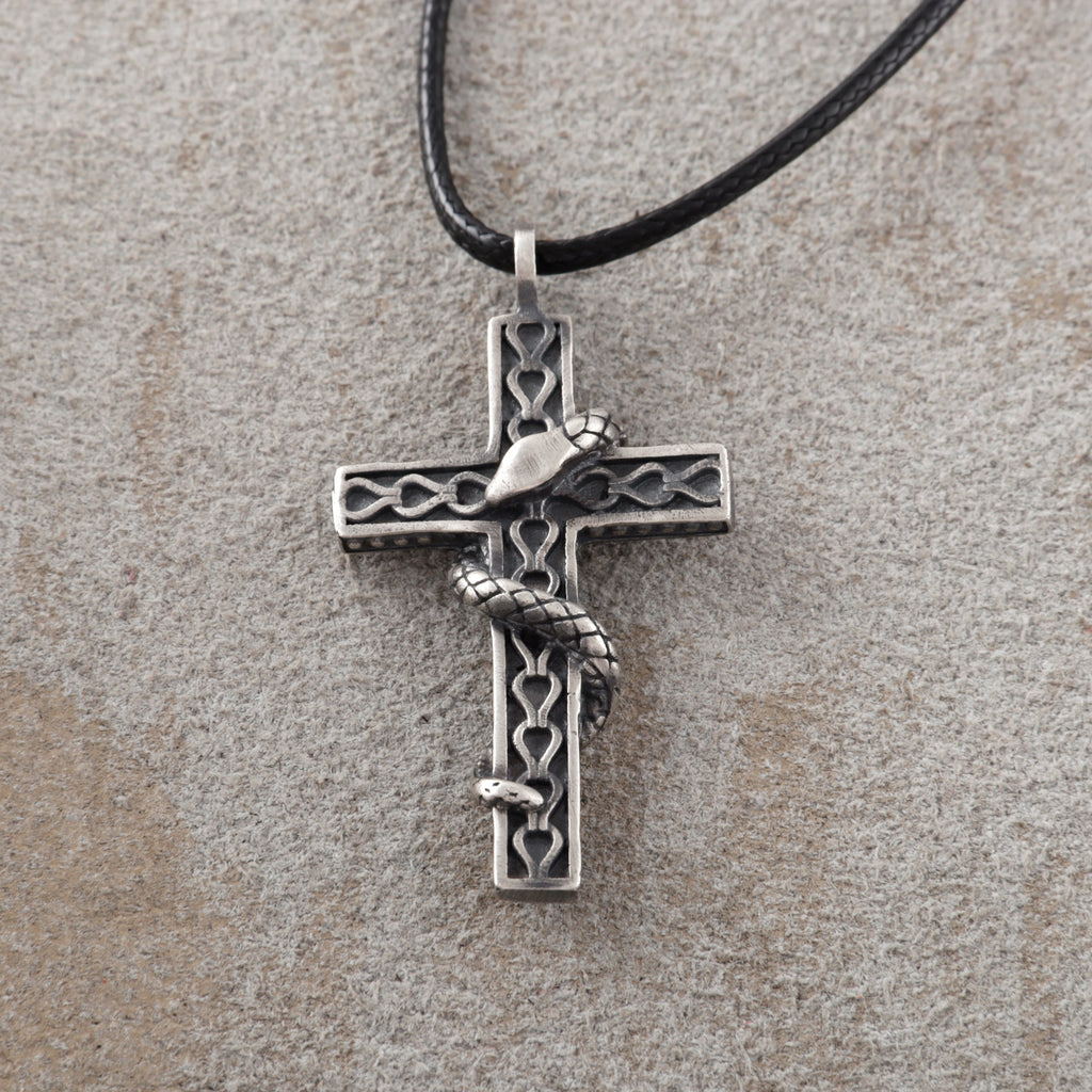 925 Sterling Silver Holy Snake Cross Durable Spiritual Faith Pendant Necklace