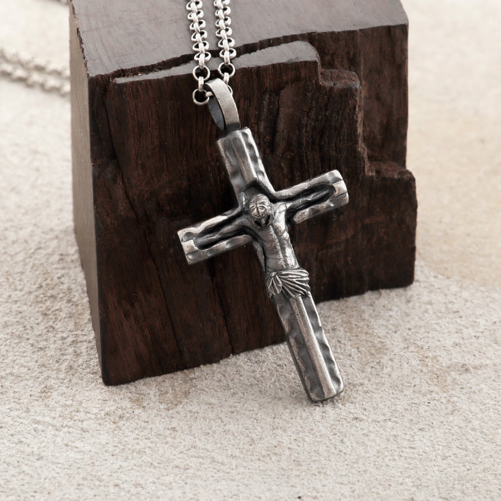 Sacred Jesus Crucifix Pendant, Engravable Solid 925 Sterling Silver Christian Faith Cross Necklace