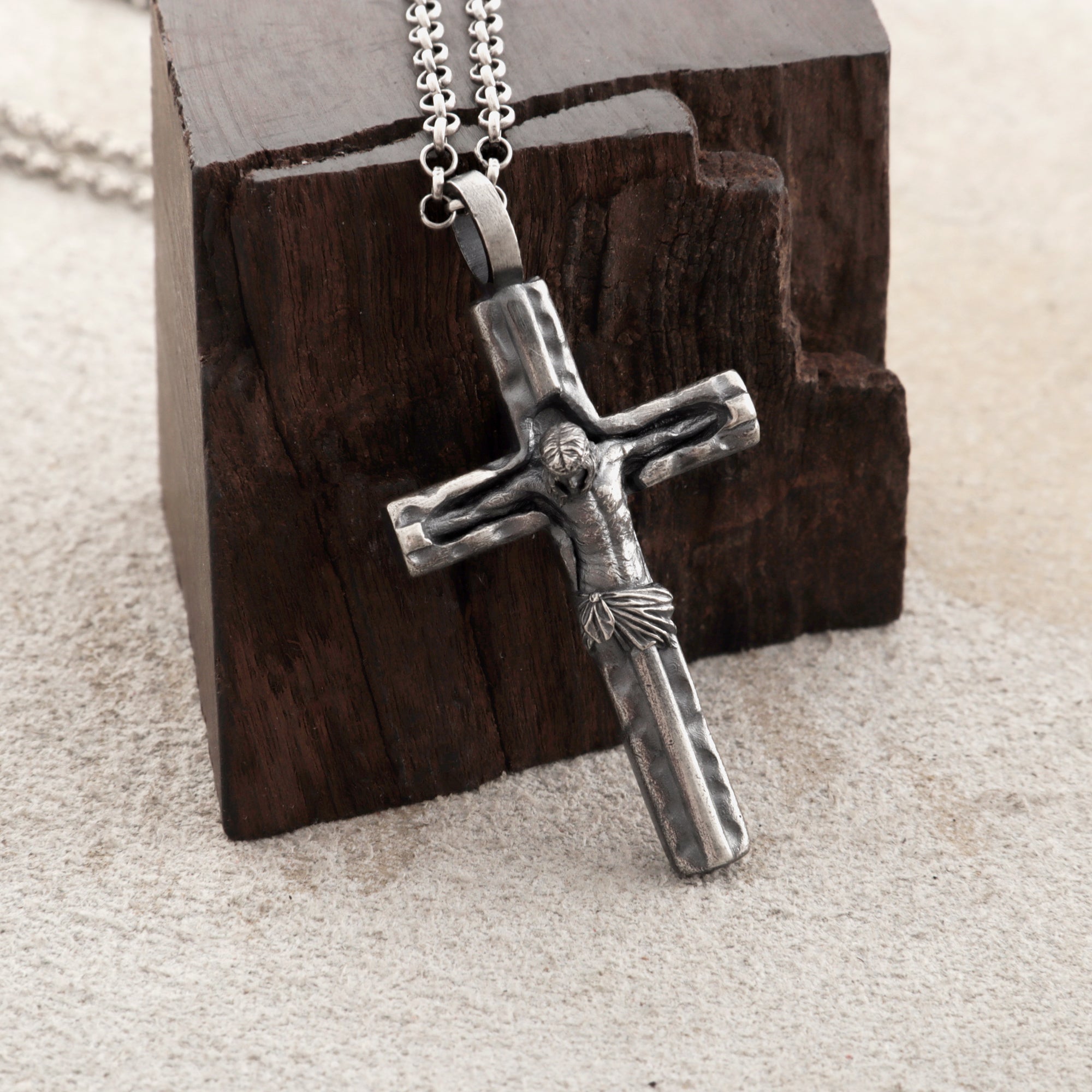Sacred Jesus Crucifix Pendant, Engravable Solid 925 Sterling Silver Christian Faith Cross Necklace