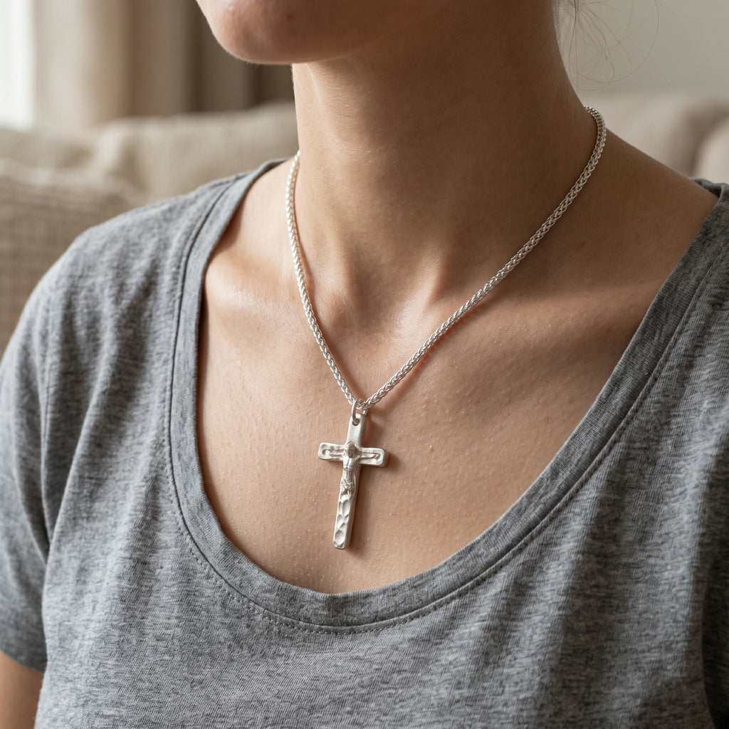 925 Sterling Silver Engravable Crucifix Pendant Bearing Christ Sacrifice In Divine Light