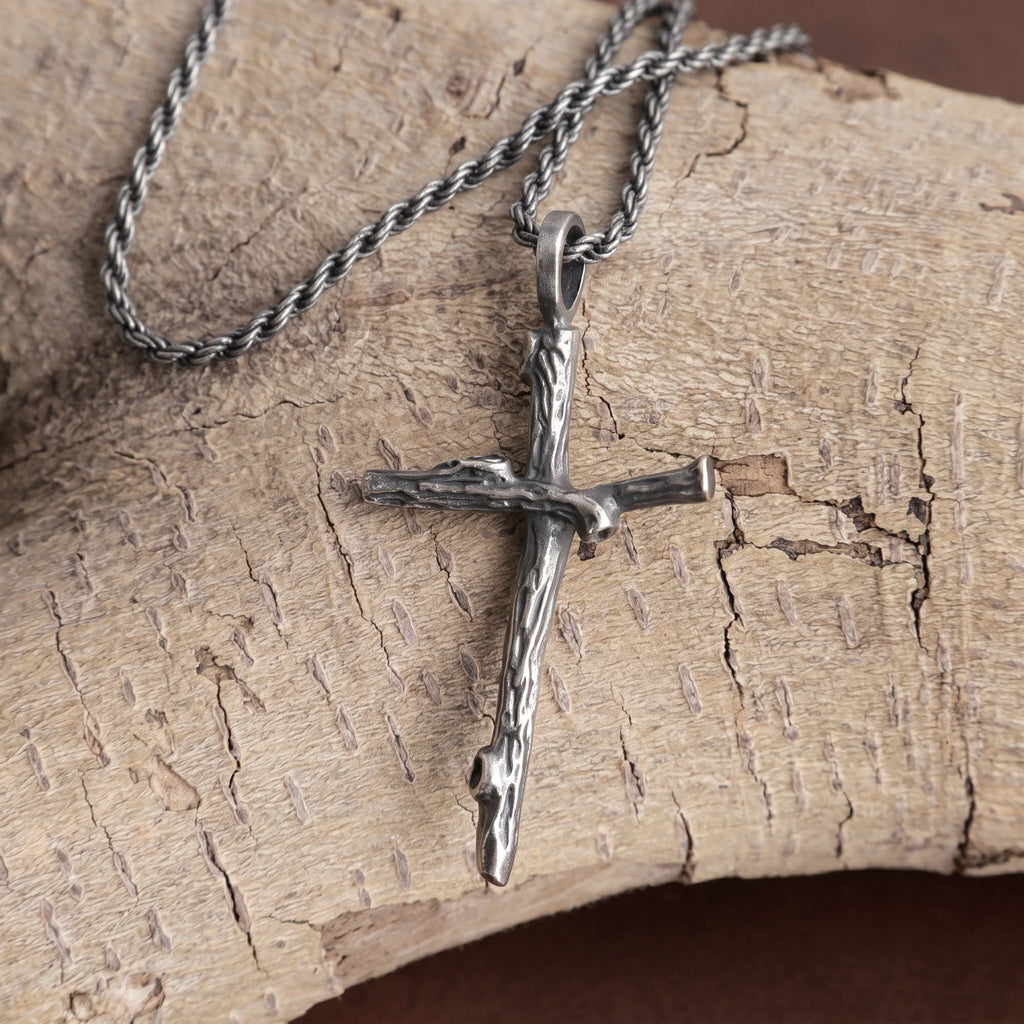 925 Sterling Silver Rugged Branch Cross Pendant Rooted In Divine Grace And Salvation