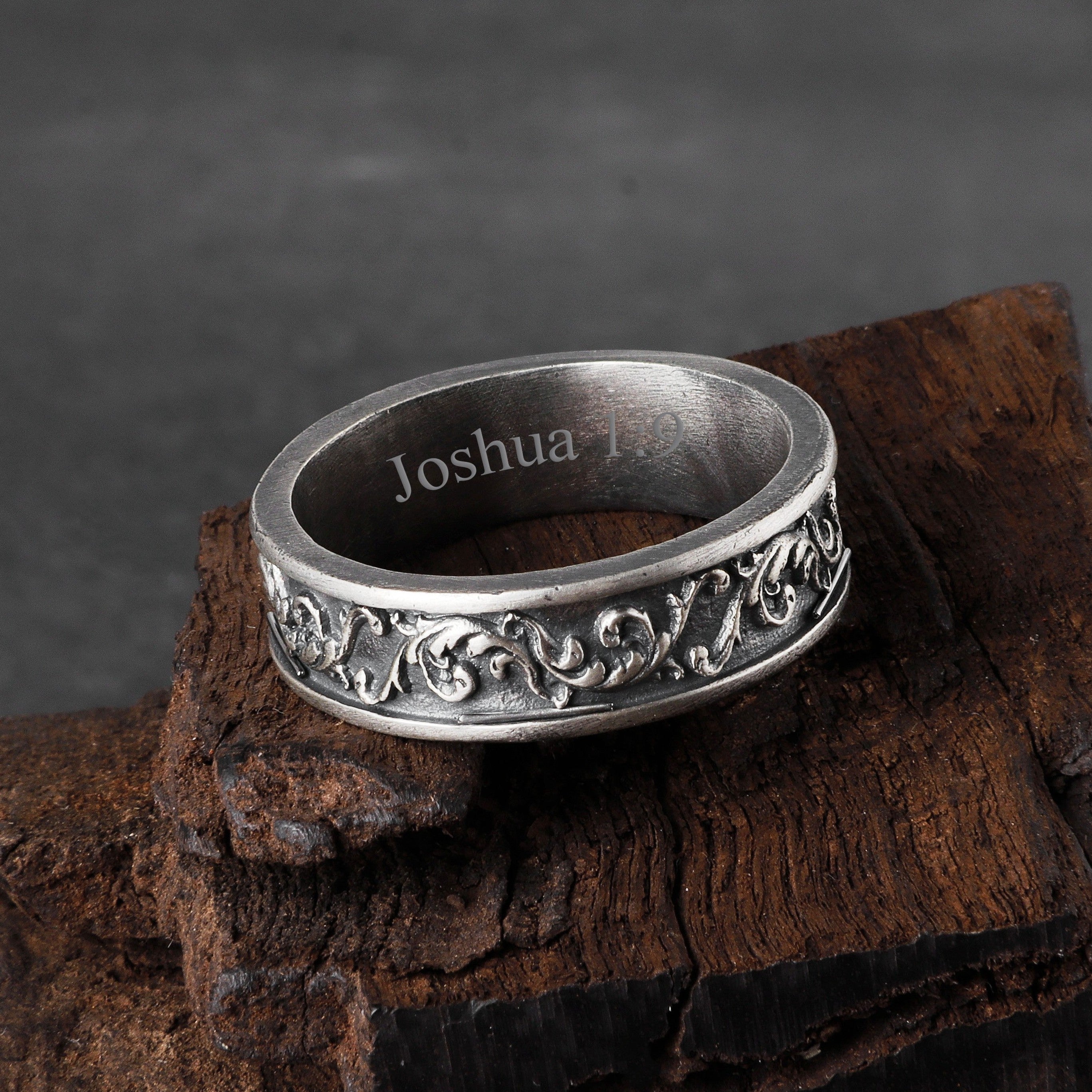 Personalized Vintage Acanthus Leaf Silver Band, Custom Engraved Men's Ring