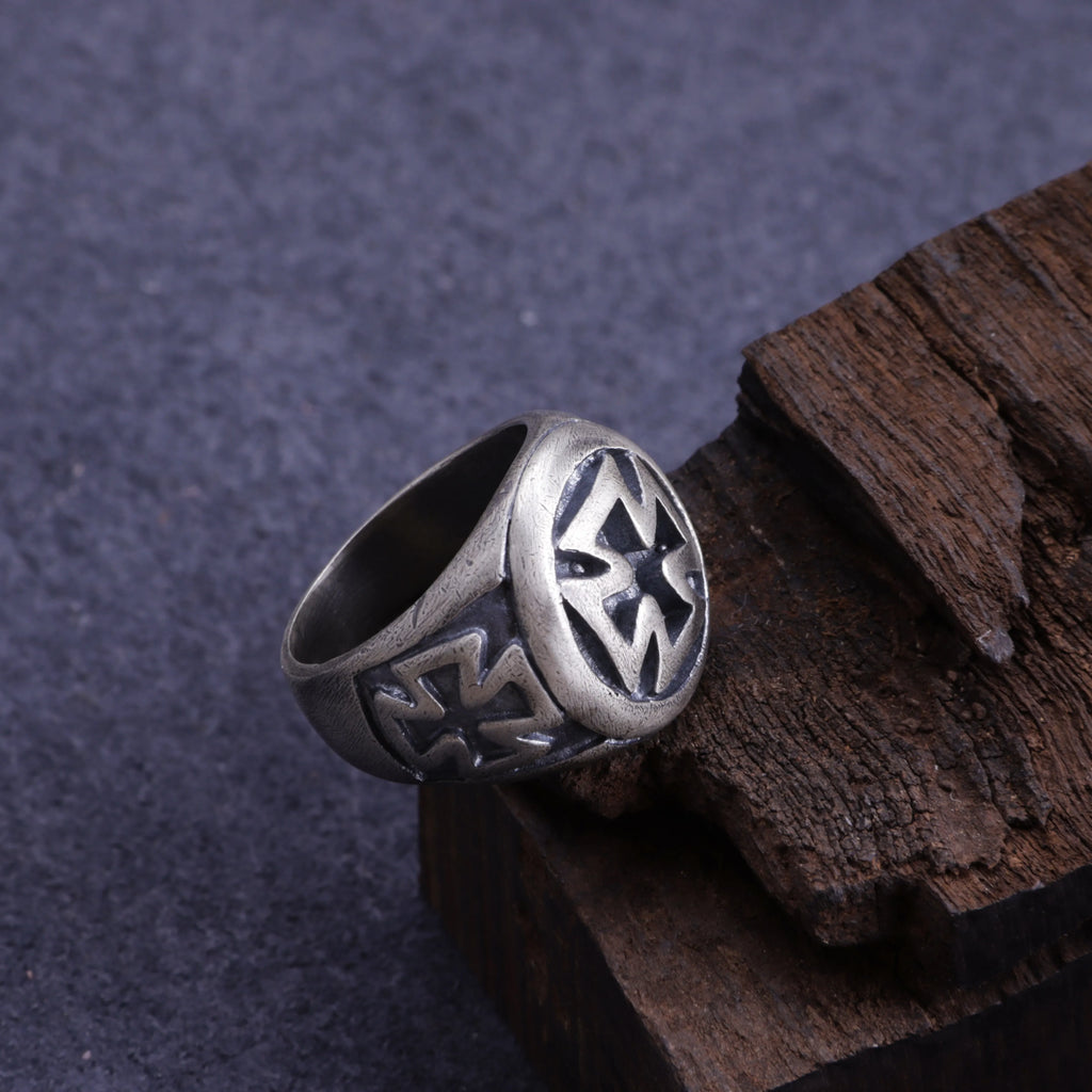 Vintage Oxidized 925 Sterling Silver Iron Cross Signet Ring, Custom Inner Engraving Men’s Biker Tough Jewelry