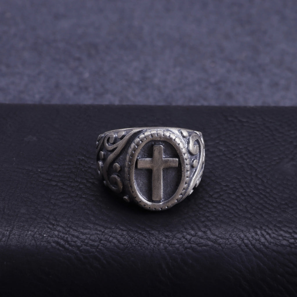 Custom Engraved Vintage Cross Signet Ring - Personalized Oxidized 925 Sterling Silver Gothic Punk Cross Ring for Men and Women, Faith Jewelry Gift