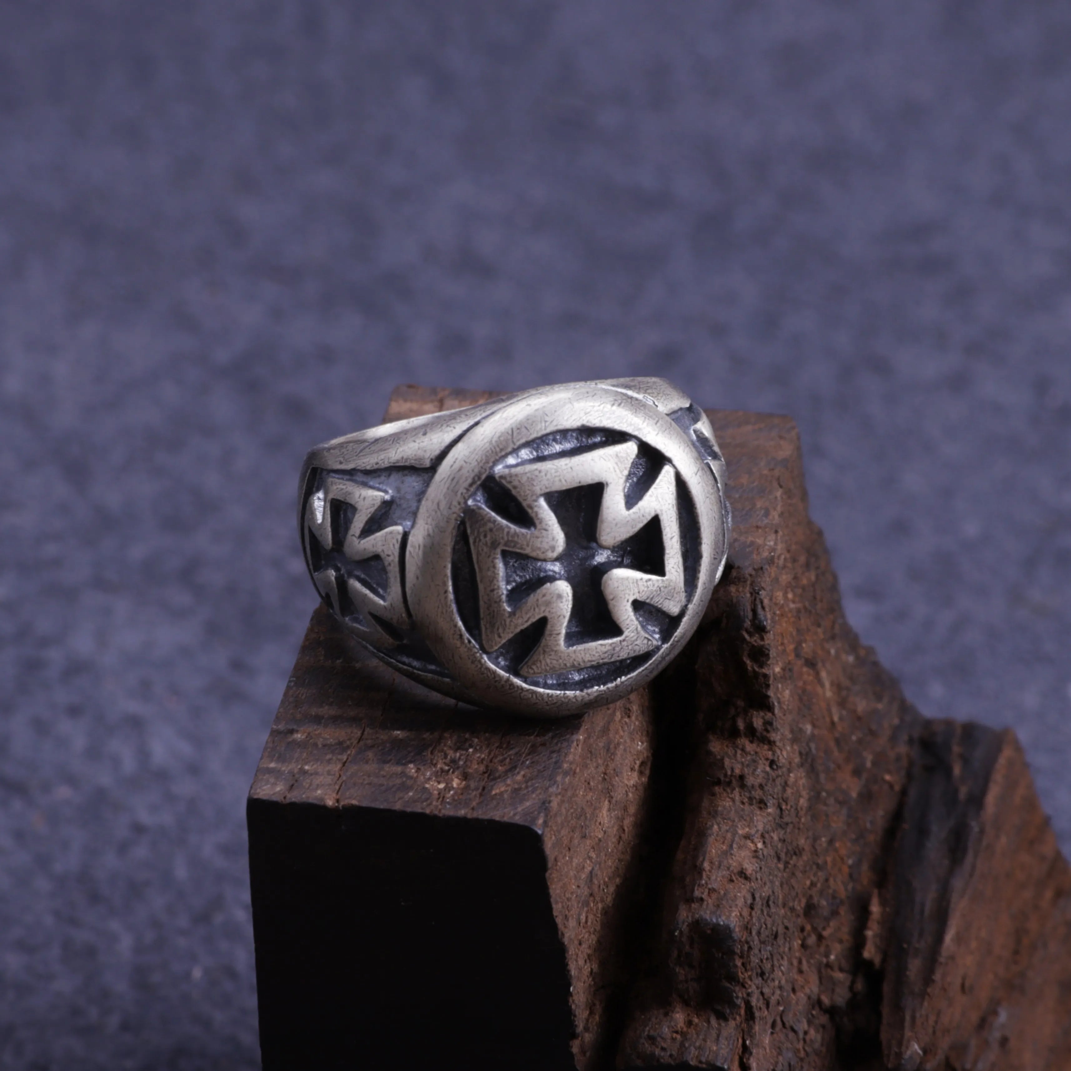Vintage Oxidized 925 Sterling Silver Iron Cross Signet Ring, Custom Inner Engraving Men’s Biker Tough Jewelry