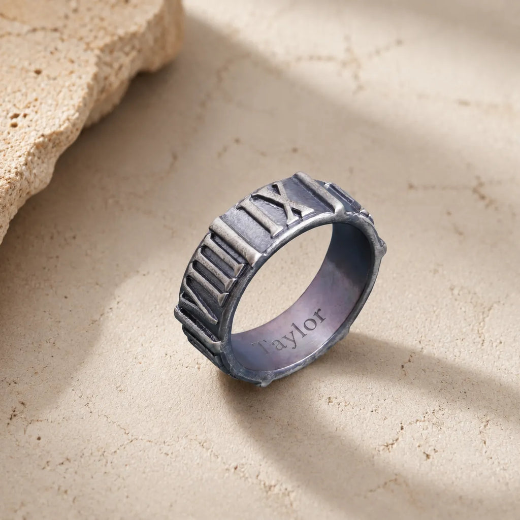 Custom Engraved Vintage 925 Sterling Silver Roman Numeral Men Ring