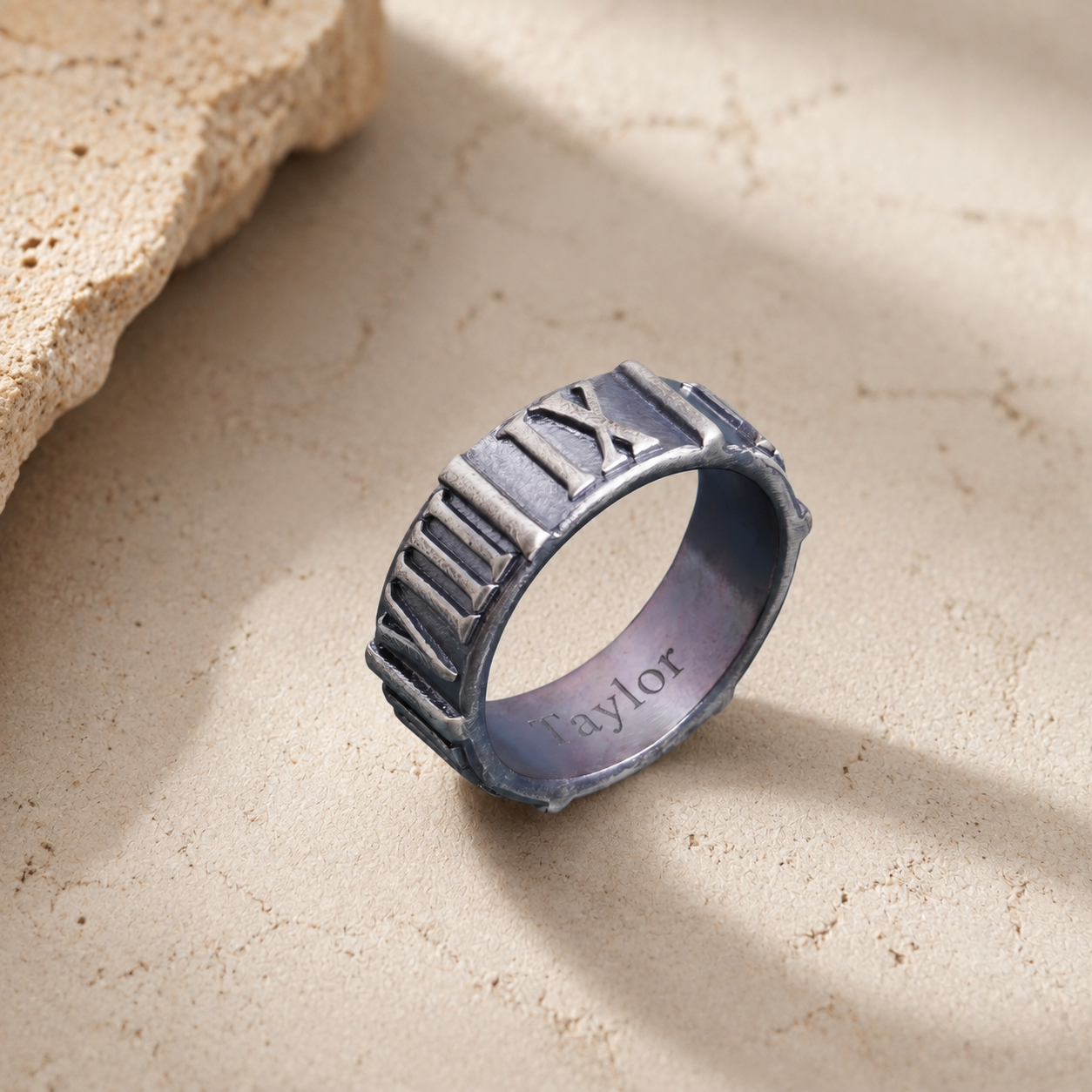 Custom Engraved Vintage Silver Roman Numeral Men Ring