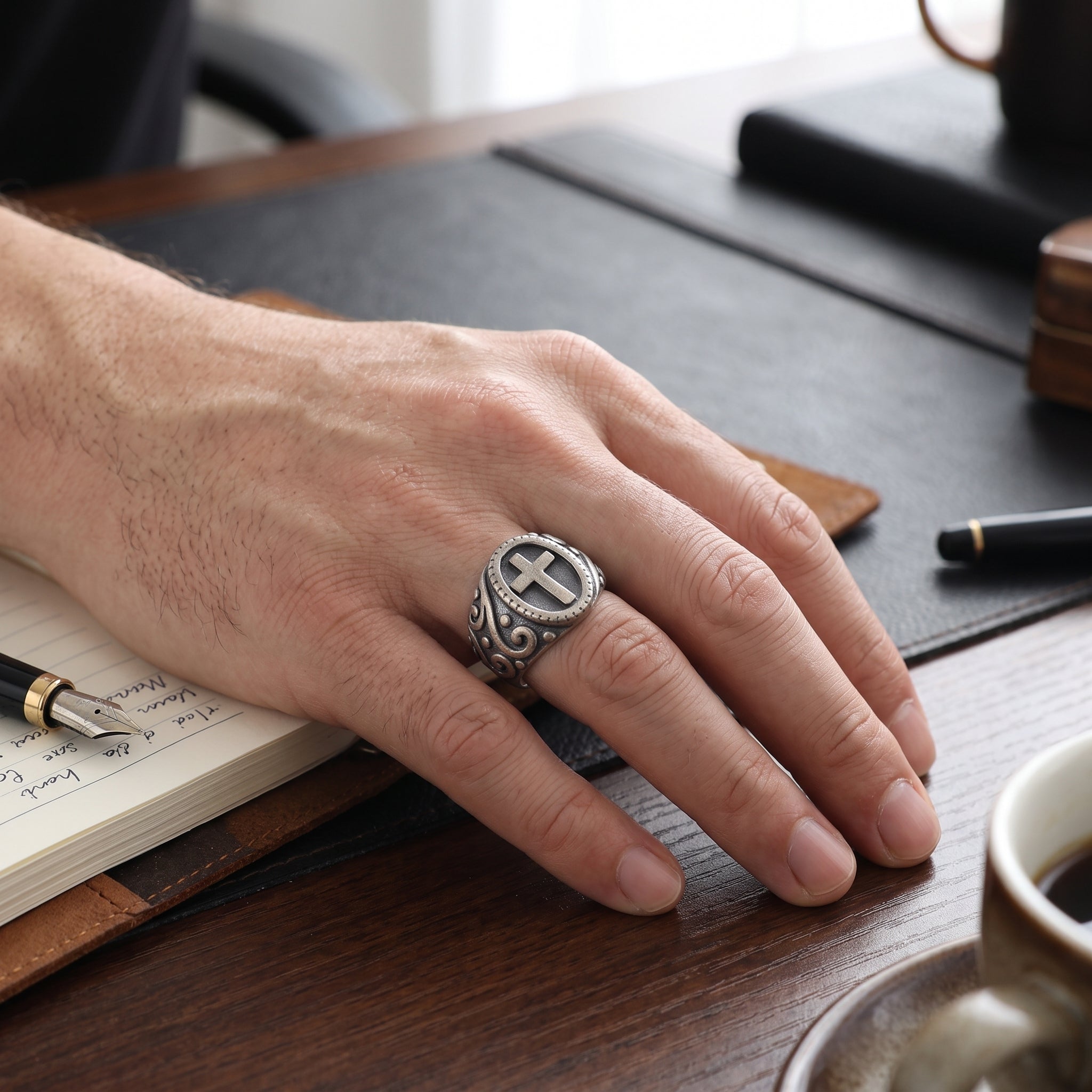Custom Engraved Vintage Cross Signet Ring - Personalized Oxidized Silver Gothic Punk Cross Ring for Men and Women, Faith Jewelry Gift