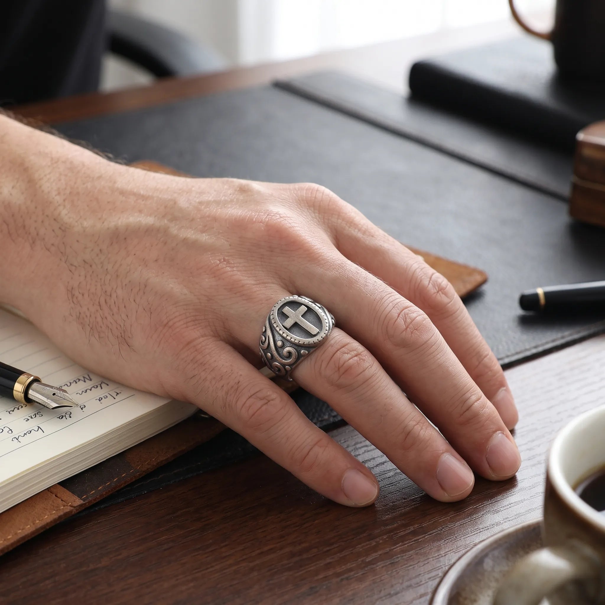 Custom Engraved Vintage Cross Signet Ring - Personalized Oxidized 925 Sterling Silver Gothic Punk Cross Ring for Men and Women, Faith Jewelry Gift