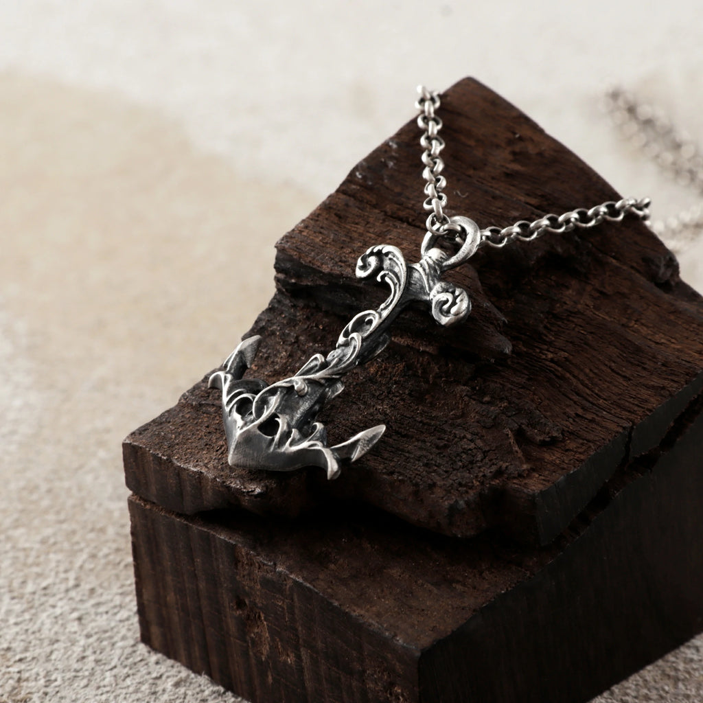 925 Sterling Silver Vintage Anchor Pendant Necklace, Baroque Nautical Sailor Charm Jewelry