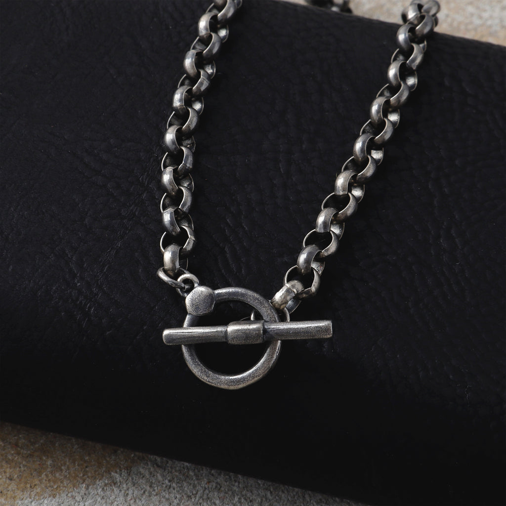 Modern Industrial Rolo Chain Bracelet, Oxidized 925 Sterling Silver Vintage Statement Wristband with Toggle Clasp