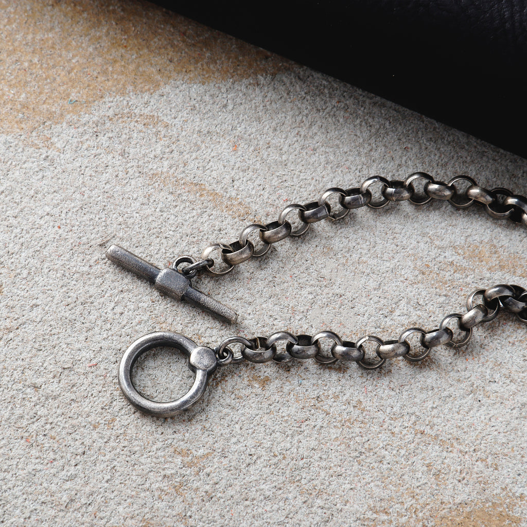 Modern Industrial Rolo Chain Bracelet, Oxidized 925 Sterling Silver Vintage Statement Wristband with Toggle Clasp