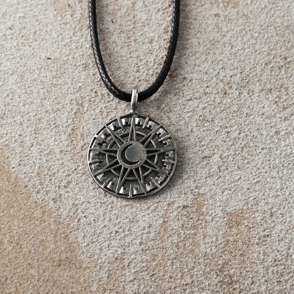 925 Sterling Silver Sun and Moon Pendant Necklace, Celestial Compass Astrolabe Jewelry
