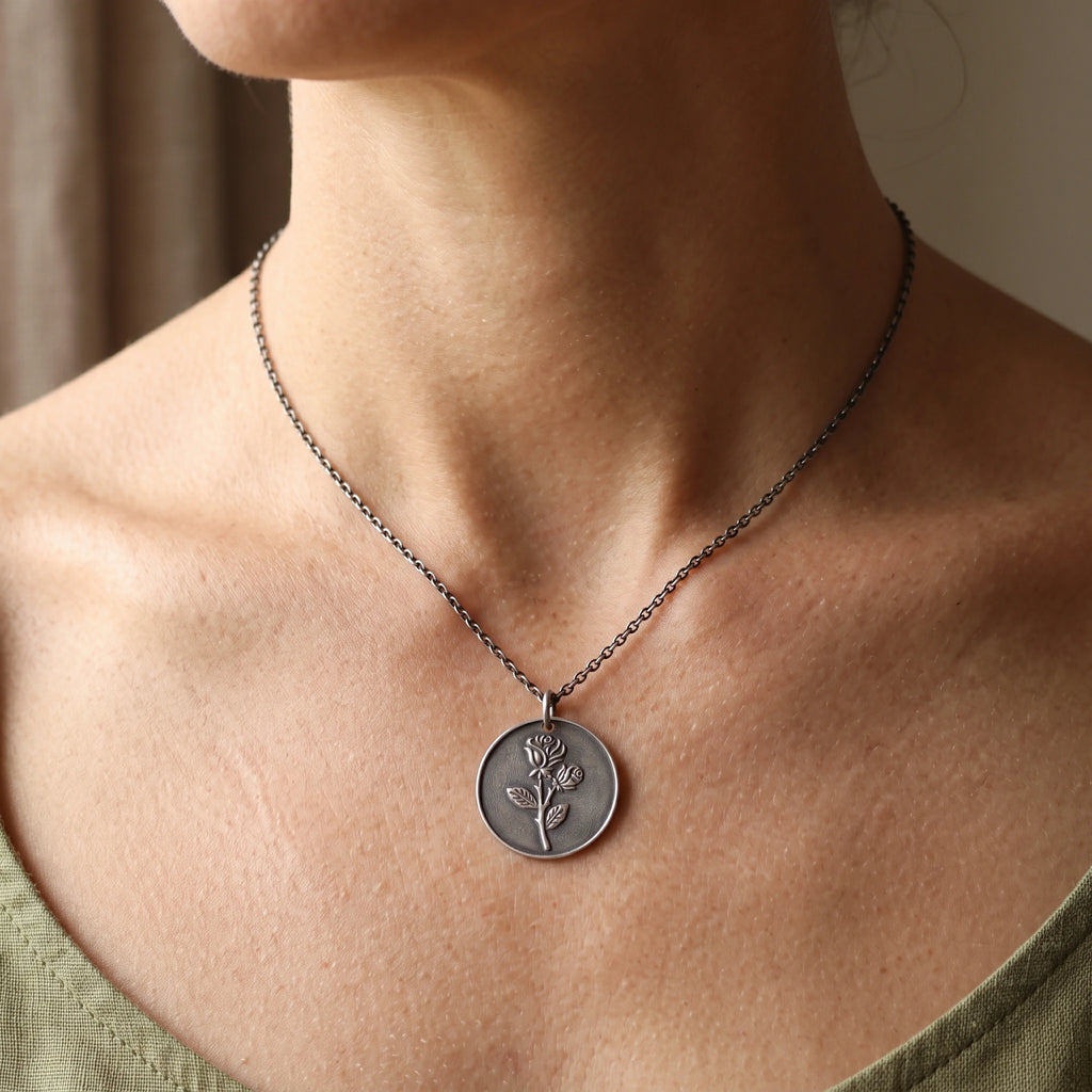 925 Sterling Silver Rose Pendant Necklace, Engravable Personalized Floral Medallion
