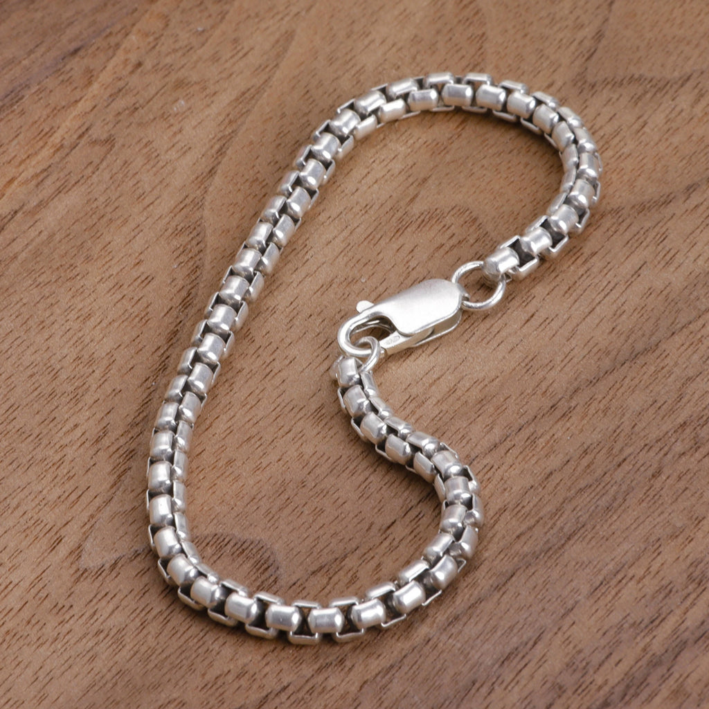 925 Sterling Silver Classic Box Chain Bracelet, Unisex Round Venetian Link Jewelry