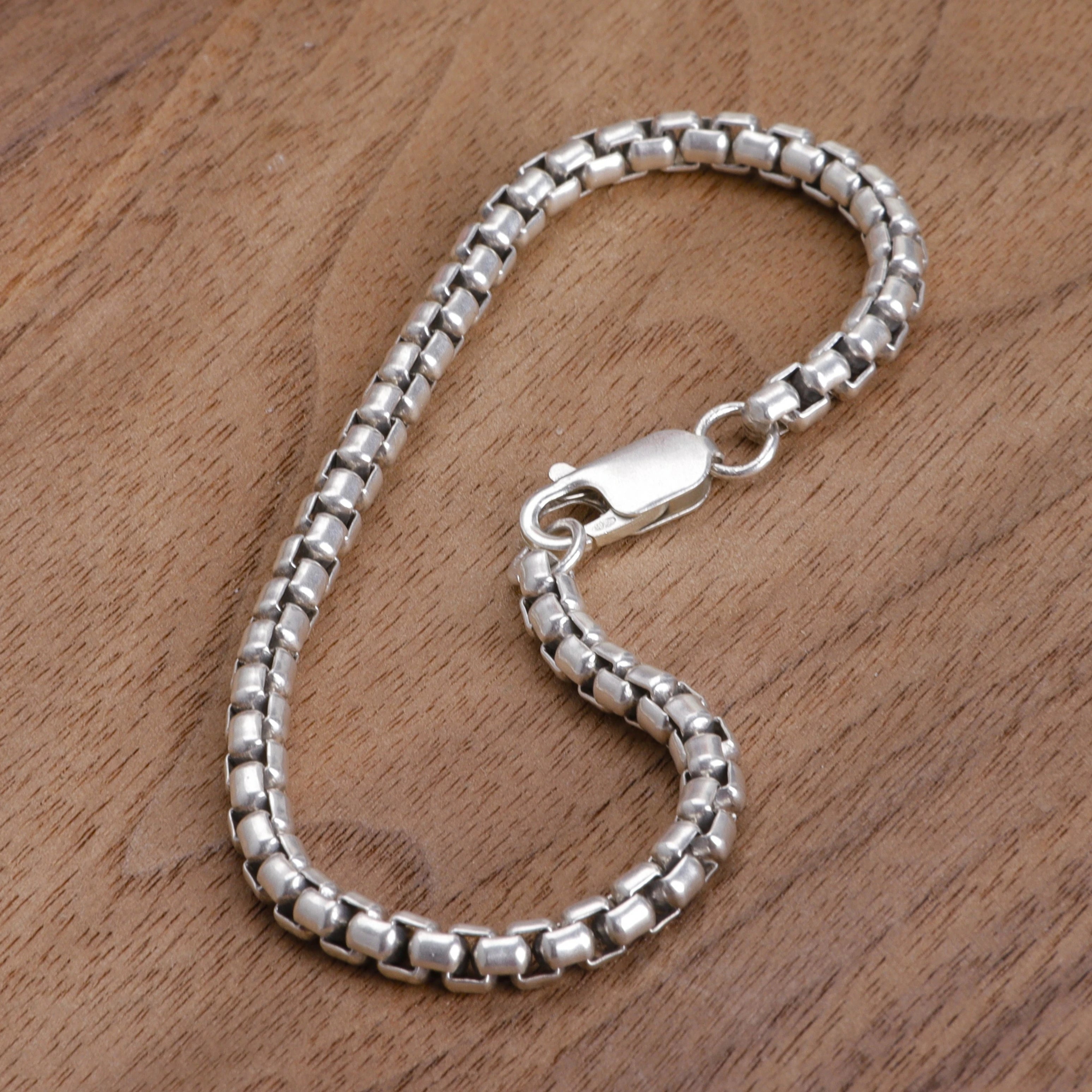 925 Sterling Silver Classic Box Chain Bracelet, Unisex Round Venetian Link Jewelry